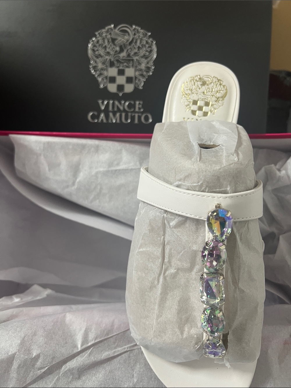 Vince Camuto White Slide Sandal with Iridescent Gem Embellishment